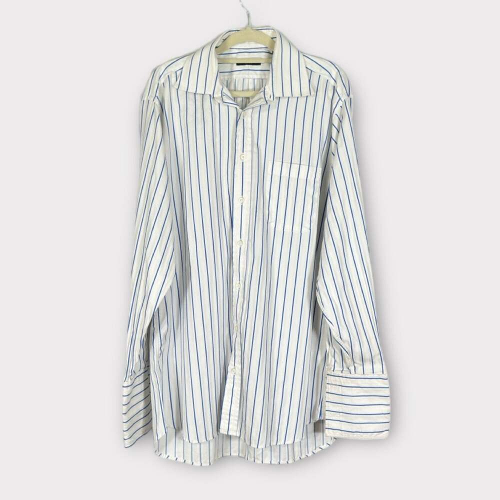 Burberry London Long Sleeve Shirt Men's 16R White Blue Striped Cotton
